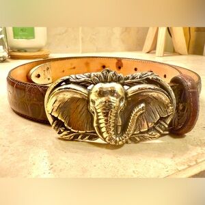 Vintage 90’s Brighton Brown Crocodile Leather Belt w/ Silver Elephant Buckle